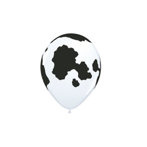 May include: A white balloon with black cow print spots.