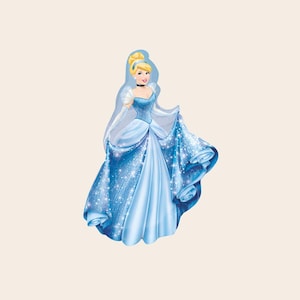 May include: A die-cut sticker of Cinderella with blonde hair in an updo, wearing a blue gown with a sweetheart neckline, sheer white sleeves, and a black choker. The dress features a glittery, sparkling texture and a full, flowing skirt.