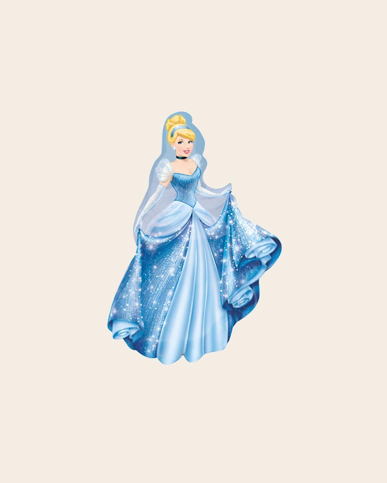 May include: A die-cut sticker of Cinderella with blonde hair in an updo, wearing a blue gown with a sweetheart neckline, sheer white sleeves, and a black choker. The dress features a glittery, sparkling texture and a full, flowing skirt.