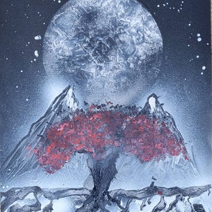 Black & white Mountains and moon Spray Paint Art with Red tree Foreground