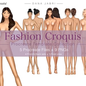 May include: A digital fashion croquis template collection by Dana Jabri featuring five Procreate files and nine PNGs. The set includes four front and back figure sets plus one front view, showcasing various hair colors and styles on illustrated figures.