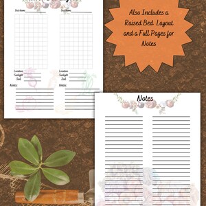 May include: Printable gardening planner with two pages for raised bed layouts and a full page for notes. The pages are decorated with a watercolor illustration of vegetables and flowers.