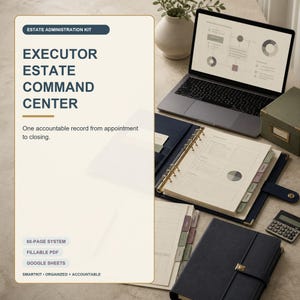 Puede incluir: Un kit de administración de patrimonio que incluye una carpeta azul oscuro con anillas doradas, un cuaderno cerrado a juego, un portátil con gráficos de datos y una calculadora. El texto incluye "Executor Estate Command Center" y "60-page system".