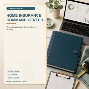 Może przedstawiać: Ciemnoniebieski segregator z zapięciem na zatrzask, z napisem Home Insurance Command Center, Claim + Recovery Kit. Zawiera 60-stronicowy system, wypełnialny plik PDF i arkusze Google. Zestaw zawiera laptopa z wykresami, podkładkę z klipsem i miarkę.
