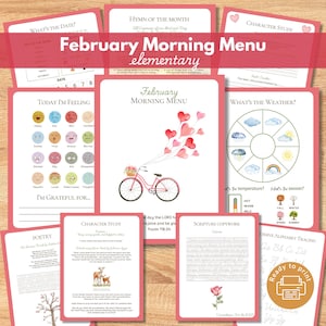 February Morning Menu pages, Charlotte Mason inspired, Morning Time Basket, Elementary Homeschool, Kindergarten, First Grade, Second, Third