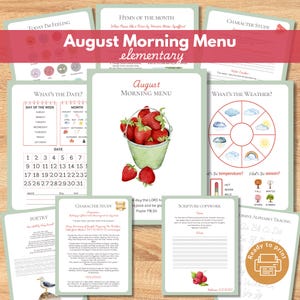 August Morning Menu pages, Charlotte Mason inspired, Morning Time Basket, Elementary Homeschool, Kindergarten, First Grade, Second, Third