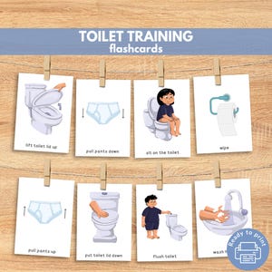 Könnte beinhalten: Ein Set von Toilettentrainingskarten mit Illustrationen und Text. Die Karten zeigen Schritte wie das Anheben des Toilettendeckels, das Herunterziehen der Hose, das Sitzen auf der Toilette, das Abwischen, das Hochziehen der Hose, das Schließen des Deckels, das Spülen und das Händewaschen. Der Text "TOILET TRAINING flashcards" steht oben.
