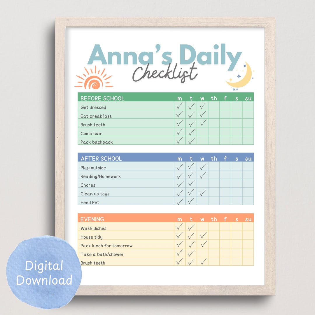 Editable Daily Checklist Template for Kids, Visual Daily Schedule
