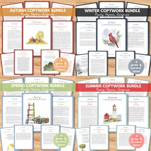 Peut inclure: Quatre ensembles de copywork saisonniers : Automne, Hiver, Printemps et Été. Chaque ensemble comprend des pages de poésie, d'hymnes et d'Écritures. L'ensemble Automne présente une illustration de maison et d'arbre. L'ensemble Hiver a un cardinal. L'ensemble Printemps montre des outils de jardinage. L'ensemble Été a un phare.