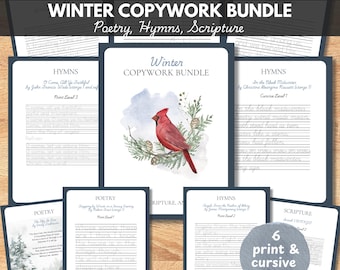 Winter Print & Cursive Handwriting Practice, Charlotte Mason Copywork Homeschool Printable Bundle: Poetry, Hymns, Scripture