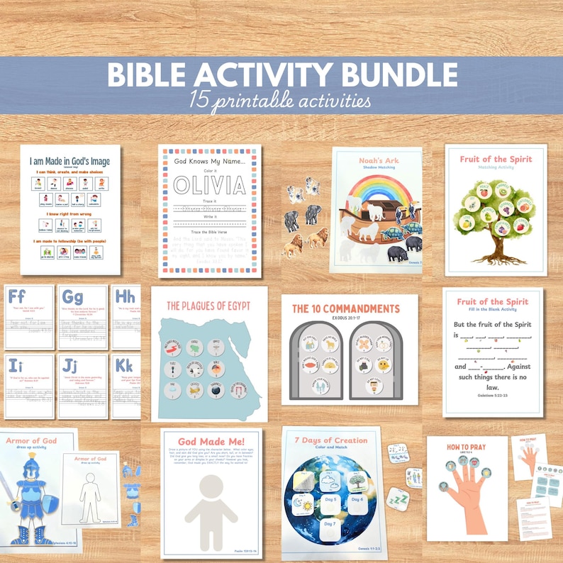 Bible Lesson Activity Bundle, 15 activities, Preschool, Elementary, Homeschool Printables, Armor of God, Made in God's Image, Creation