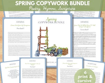 Spring Print & Cursive Handwriting Practice, Charlotte Mason Copywork Homeschool Printable Bundle: Poetry, Hymns, Scripture