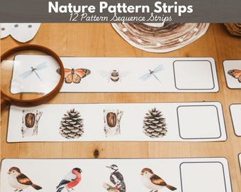 Op de afbeelding: Witte patroonstroken met illustraties van de natuur, waaronder insecten, dennenappels en vogels. De tekst "Nature Pattern Strips" en "12 Pattern Sequence Strips" wordt bovenaan weergegeven. Een vergrootglas staat in de linkerbovenhoek.
