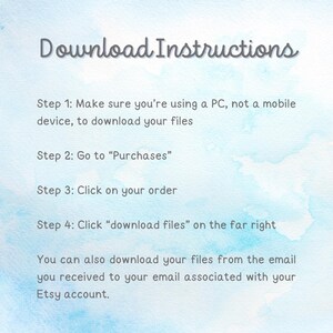 Pode incluir: Instru&ccedil;&otilde;es de download para arquivos digitais comprados no Etsy. Passo 1: Certifique-se de estar usando um PC, n&atilde;o um dispositivo m&oacute;vel. Passo 2: V&aacute; para "Compras". Passo 3: Clique no seu pedido. Passo 4: Clique em "baixar arquivos" &agrave; direita. Voc&ecirc; tamb&eacute;m pode baixar seus arquivos do e-mail que recebeu para o e-mail associado &agrave; sua conta Etsy.