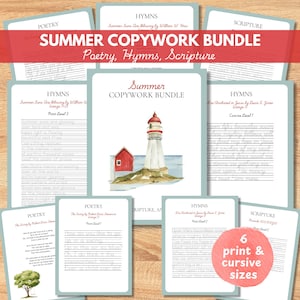 Puede incluir: Un paquete de páginas de caligrafía con poesía, himnos y escritura. El título "Summer Copywork Bundle" se muestra con una ilustración de faro. Incluye 6 tamaños de impresión y cursiva.
