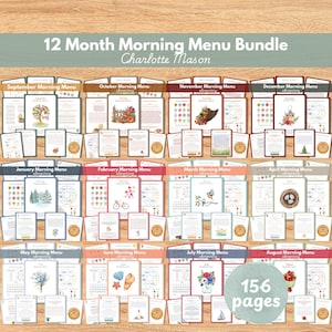 12 Month Elementary Morning Menu pages, Charlotte Mason, Morning Time Basket, Elementary Homeschool, First Grade, Second, Third, Fourth