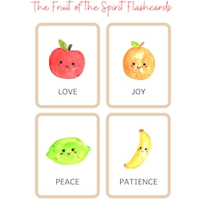 Pode incluir: Quatro flashcards coloridas com ilustra&ccedil;&otilde;es de frutas e as palavras "Amor", "Alegria", "Paz" e "Paci&ecirc;ncia" escritas abaixo de cada fruta. As frutas s&atilde;o desenhadas em um estilo de desenho animado com rostos sorridentes.