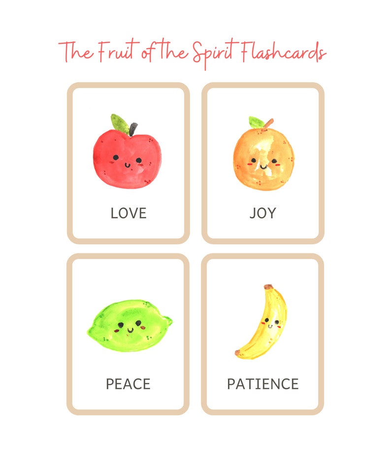 Pode incluir: Quatro flashcards coloridas com ilustra&ccedil;&otilde;es de frutas e as palavras "Amor", "Alegria", "Paz" e "Paci&ecirc;ncia" escritas abaixo de cada fruta. As frutas s&atilde;o desenhadas em um estilo de desenho animado com rostos sorridentes.