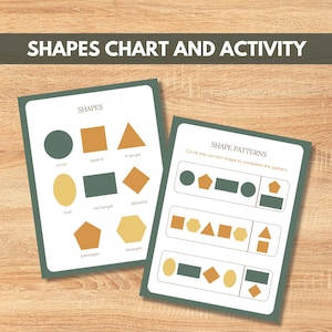 May include: Two educational charts on a wooden surface. One chart displays various shapes like circles, squares, and triangles. The other chart features shape patterns for completing. The text "SHAPES CHART AND ACTIVITY" is at the top.
