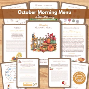 October Morning Menu pages, Charlotte Mason, Scripture Copywork, Character Study, Hymn, Poetry Handwriting, Elementary Homeschool Printable