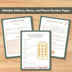 May include: Three educational pages with green borders on a wooden surface. The pages include prompts for writing an address, name, and phone numbers. Text includes "I Know My Address", "I Can Write My Name", and "I Can Dial Important Phone Numbers".