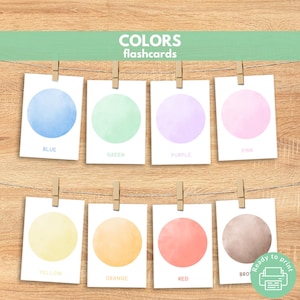 COLORS flashcards, 3 part cards, watercolor, Montessori materials, homeschool printable learning, preschool, Pre-K, Kindergarten, education