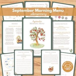 September Morning Menu pages, Charlotte Mason Autumn, Fall Morning Time Basket, Elementary Homeschool Printables, Copywork, Scripture Memory