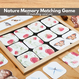 Könnte beinhalten: Ein Nature Memory Matching Game mit 18 passenden Kartensets. Das Spiel enthält quadratische Karten mit abgerundeten Ecken, die Illustrationen von Erdbeeren, Schmetterlingen und Libellen zeigen und in einem hellen Holzrahmen liegen.