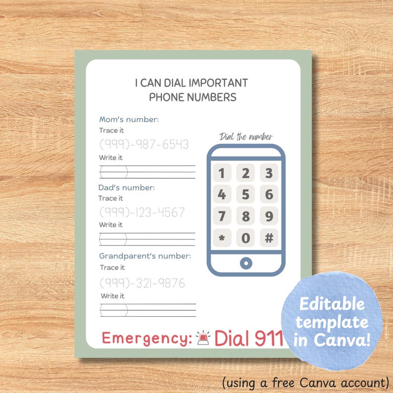 Dialing Important Phone Numbers Editable Template, Life Skills for Kids ...