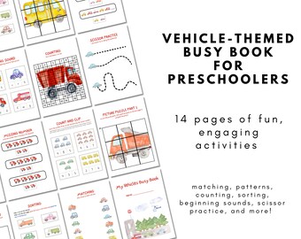 Preschool Activity Pages Featuring Cars (includes counting, matching, patterns, beginning sound, scissor practice, sorting, and puzzles)