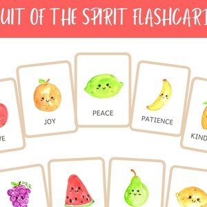 Pode incluir: Nove flashcards coloridas com ilustra&ccedil;&otilde;es de frutas e as palavras "Amor", "Alegria", "Paz", "Paci&ecirc;ncia", "Bondade",  "Fruto do Esp&iacute;rito Flashcards".
