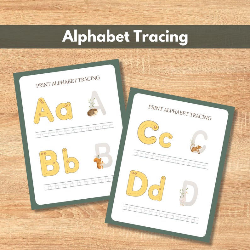 May include: Two alphabet tracing worksheets with the text "Alphabet Tracing" and "Print Alphabet Tracing". The worksheets feature the letters A, B, C, and D, with illustrations of a hedgehog, squirrel, and mouse. The letters are yellow.