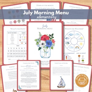 July Morning Menu pages, Charlotte Mason inspired, Morning Time Basket, Elementary Homeschool, Kindergarten, First Grade, Second, Third