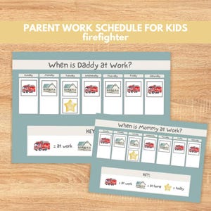 Feuerwehrmann Elternarbeitszeitplan, visueller Kalender für Kinder vor Trennung und Angst (druckbar)