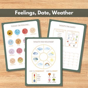 May include: Three educational charts with the text "Feelings, Date, Weather." The charts include sections for feelings with emoji faces, weather with illustrations, and a calendar. The background is a light wood grain.