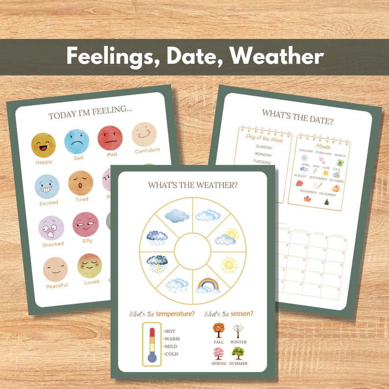 May include: Three educational charts with the text "Feelings, Date, Weather." The charts include sections for feelings with emoji faces, weather with illustrations, and a calendar. The background is a light wood grain.