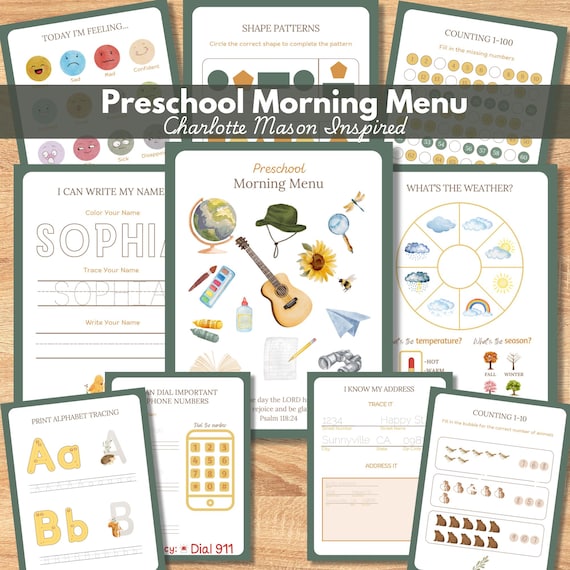 24 Preschool Morning Menu pages, Preschool Curriculum Charlotte-Mason inspired, Morning Time Basket, Phone Number, Address