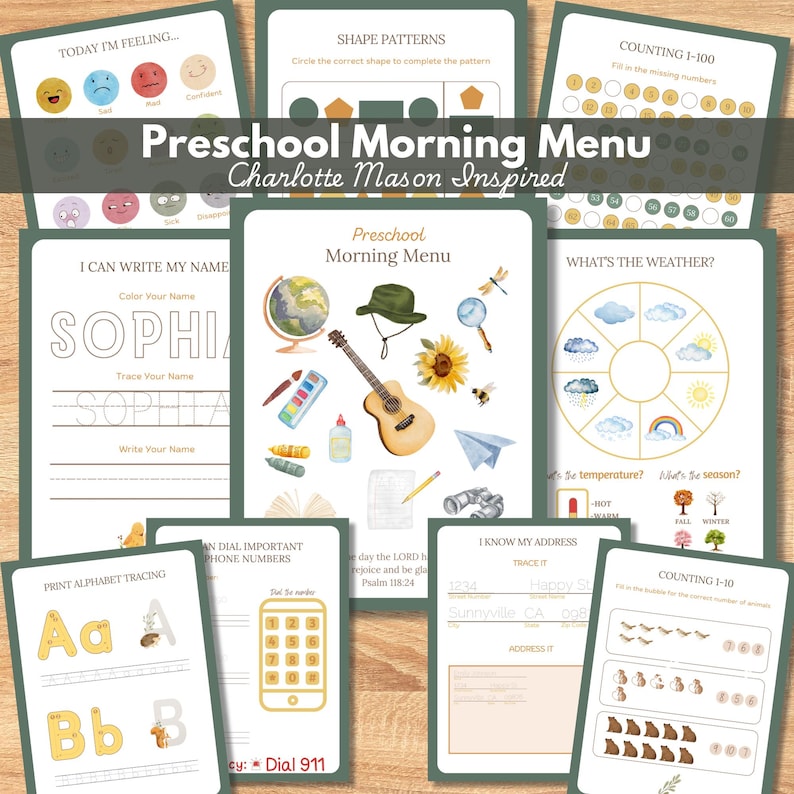 Preschool Morning Menu pages, Charlotte Mason inspired, Morning Time Basket, Preschool Homeschool, Feelings, Weather, Phone Number, Address