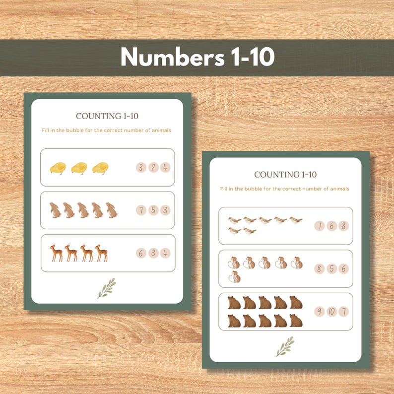 May include: Two educational worksheets with the text "Numbers 1-10" and "Counting 1-10". The worksheets feature illustrations of animals like chicks, rabbits, deer, and bears, with corresponding number bubbles for counting practice.