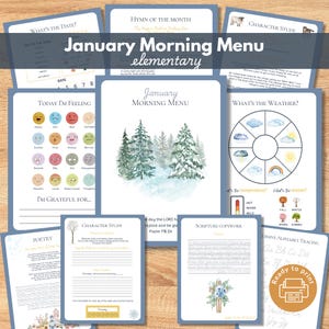January Morning Menu pages, Charlotte Mason inspired, Scripture Copywork, Character Study, Hymn, Poetry Handwriting, Elementary Homeschool
