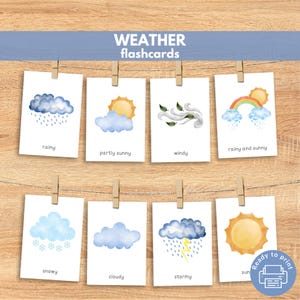 16 Weather Flash Cards, 3 Part Cards, Printable Montessori Materials, Toddler Activity, Pre K, Homeschool, Clipart, Morning Basket