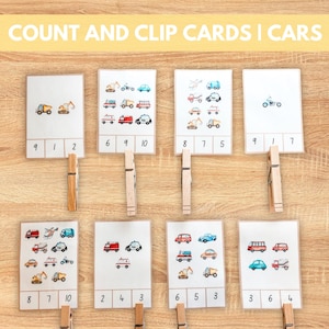 Zähl- und Clipkarten AUTOS, Druckbare Transportmathematische Aktivität, Zählen Karteikarten, Vorschule PreK, Montessori Materialien, Hausschule