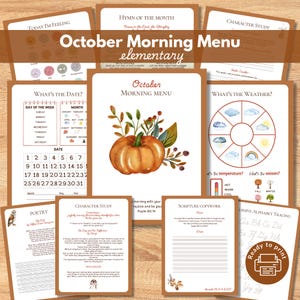 May include: A collection of educational printable sheets titled October Morning Menu, featuring a central pumpkin illustration, calendar, weather tracker, character study pages, poetry, scripture copywork, and cursive alphabet tracing exercises.