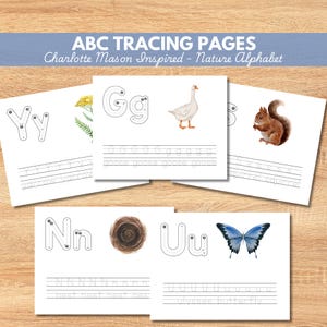 May include: A collection of ABC tracing pages with a nature theme. Each page features a letter, a corresponding image, and tracing lines. Images include a goose, squirrel, butterfly, and nest. The text "ABC Tracing Pages" and "Charlotte Mason Inspired - Nature Alphabet" are at the top.