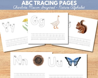 Nature Alphabet Handwriting Practice Pages: Charlotte Mason Homeschool Preschool Printable Curriculum (Digital Download)