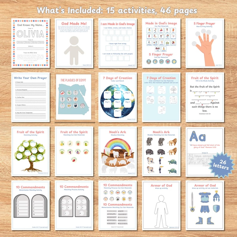 Bible Lesson Activity Bundle, 15 activities, Preschool, Elementary, Homeschool Printables, Armor of God, Made in God's Image, Creation