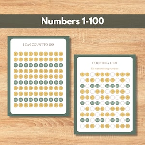 May include: Two educational number charts. One chart says "I CAN COUNT TO 100" with numbers 1-100 in a grid. The other chart says "COUNTING 1-100" with missing numbers to fill in. The charts are green with a white background.