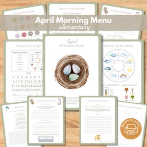 April Morning Menu pages, Charlotte Mason inspired, Morning Time Basket, Elementary Homeschool, Kindergarten, First Grade, Second, Third