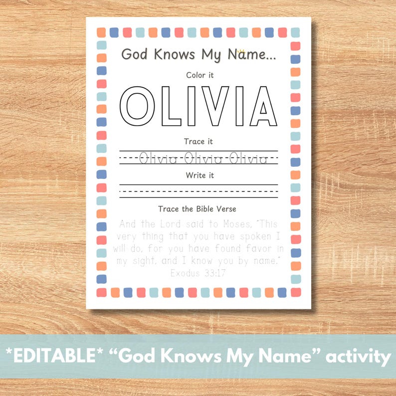 Op de afbeelding: Een afdrukbaar werkblad met de tekst "God kent mijn naam..." en de naam "OLIVIA" in grote letters. Het blad bevat secties voor het kleuren, overtrekken en schrijven van de naam, samen met een bijbelvers uit Exodus 33:17.