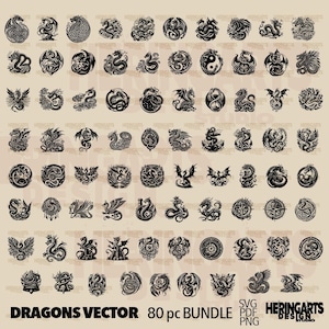 May include: A set of 80 black and white vector illustrations of dragons in various poses and styles. The illustrations are perfect for use in digital projects, such as website design, social media graphics, and print projects.